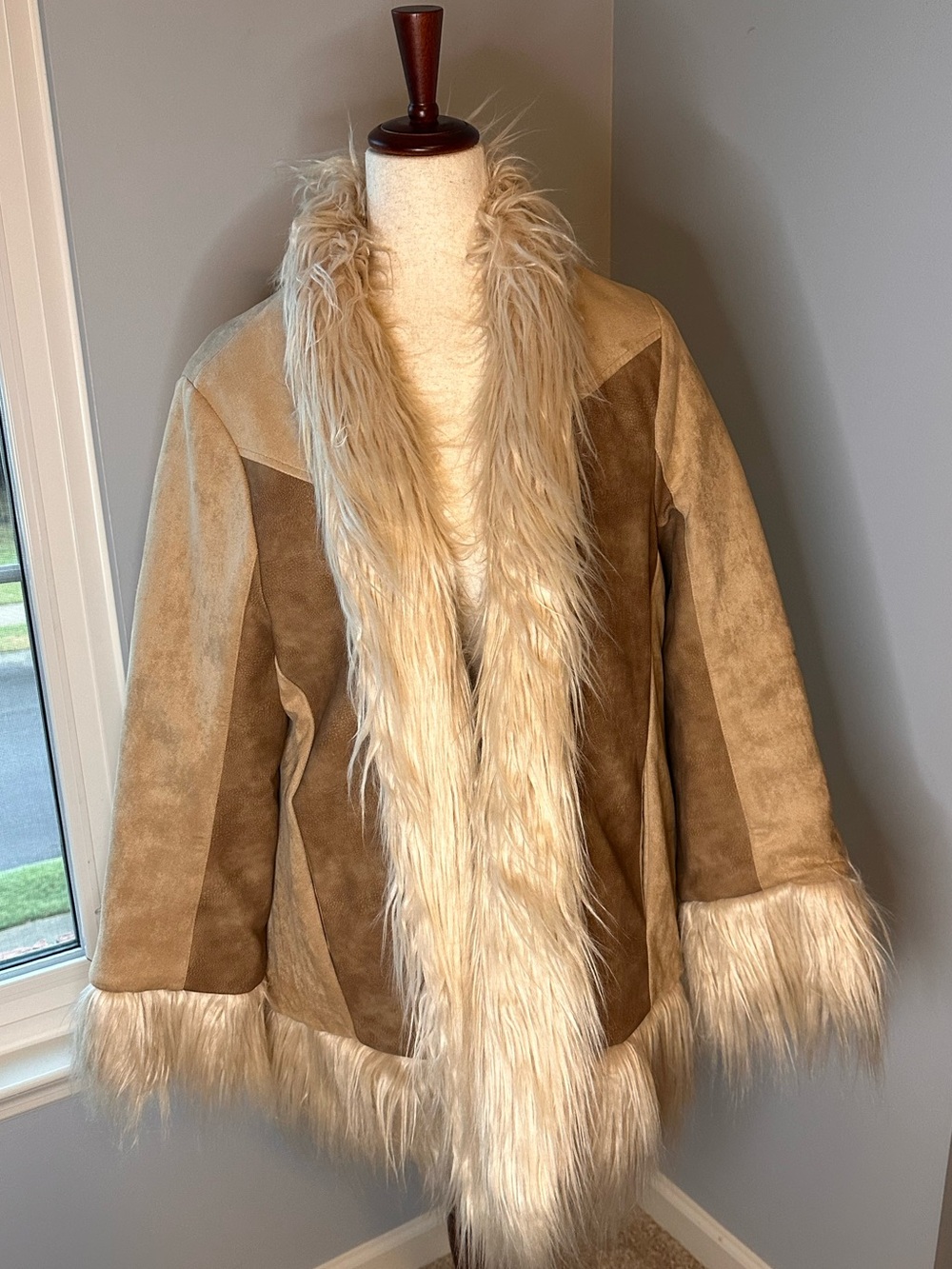 VICI Harley Faux Suede Fur Trim Penny Lane Coat Tan Medium